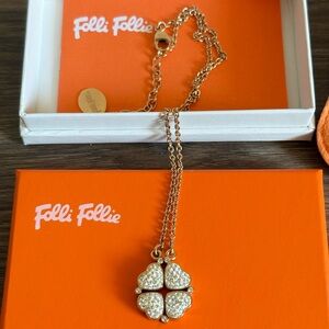 Folli Follie Rose Gold Tone 2 Way Crystal Hearts Clover Pendant w/Chain Necklace